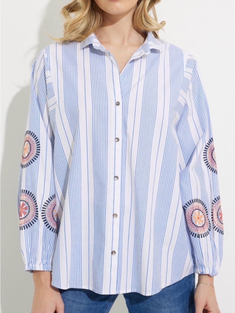 NIC+ZOE Blue and White Striped Button-Front Shirt with Embroidered Sleeves